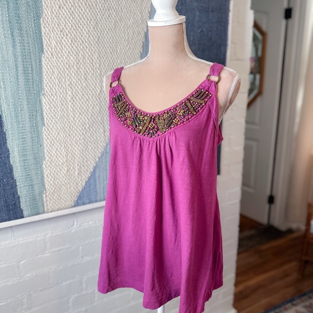 A.N.A. 100% Cotton Berry Colored Beaded Neckline Tank Top